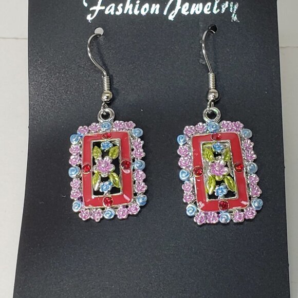 Red Crystal Floral Drop Earrings – Silver-Tone Colorful Statement Jewelry - Picture 5 of 7